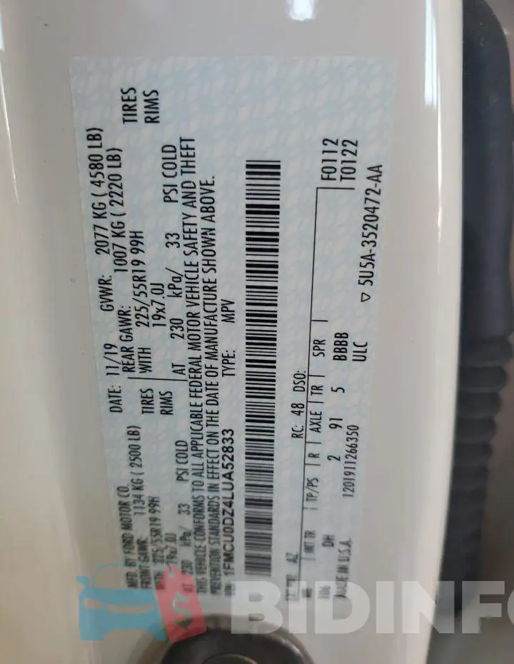 1FMCU0DZ4LUA52833 Photo# 10