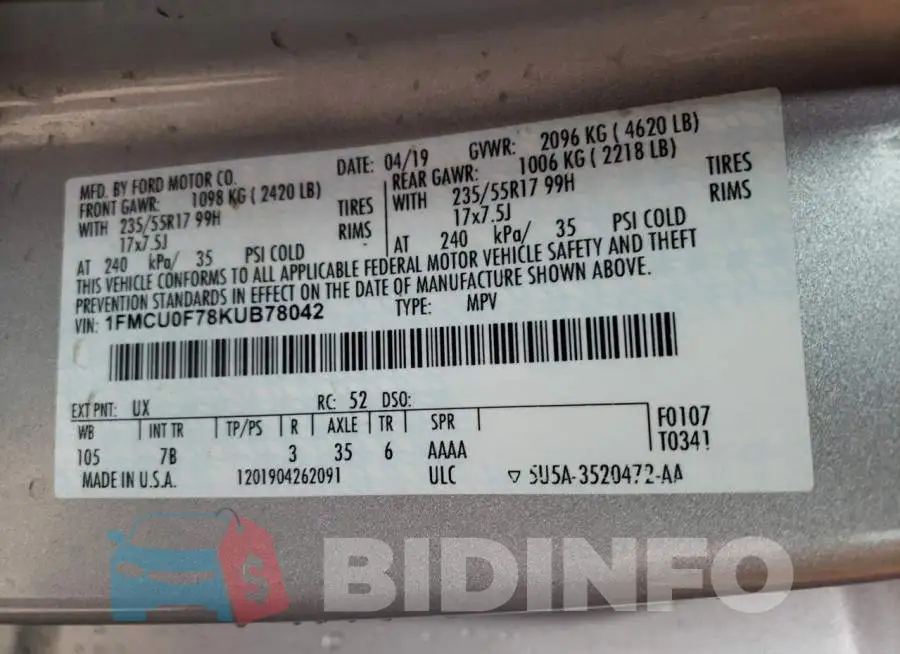 1FMCU0F78KUB78042 Photo# 13