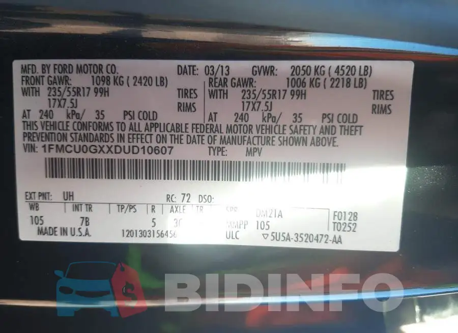 1FMCU0GXXDUD10607 Photo# 12