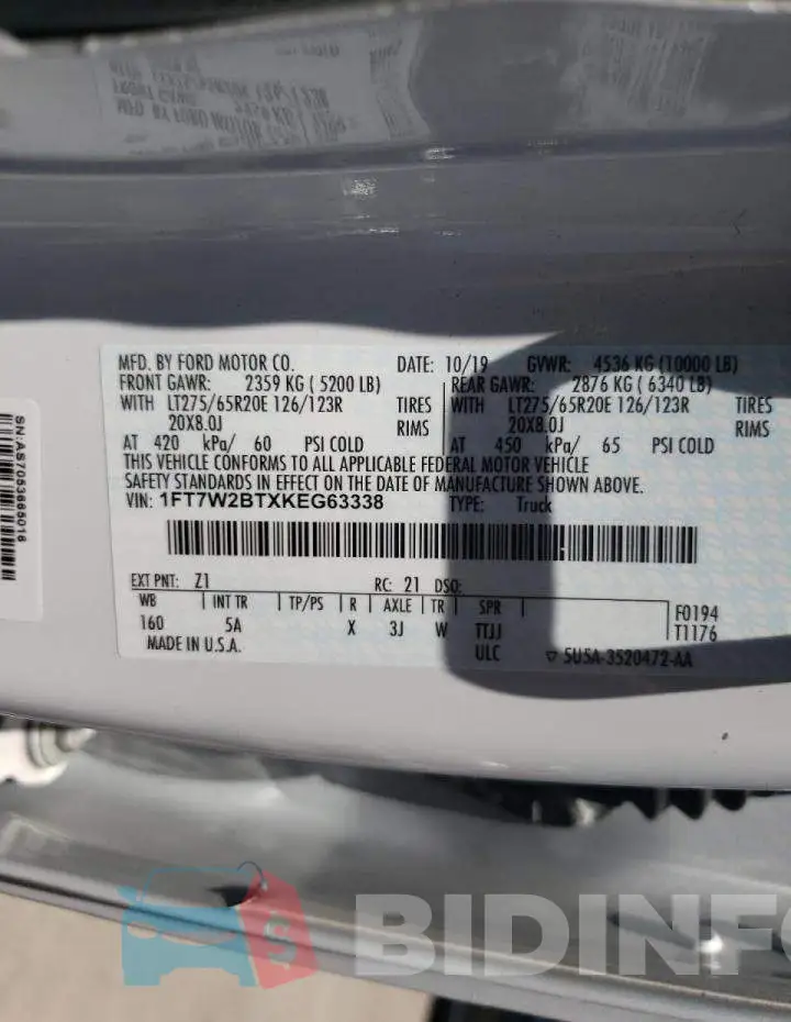 1FT7W2BTXKEG63338 Photo# 10