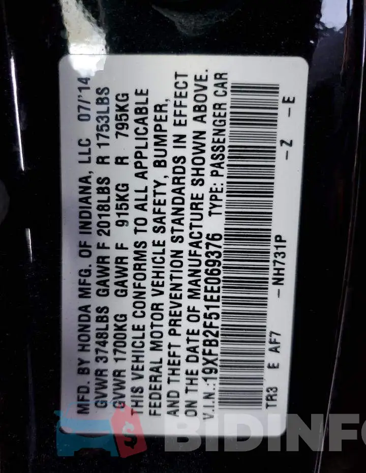 19XFB2F51EE069376 Photo# 12
