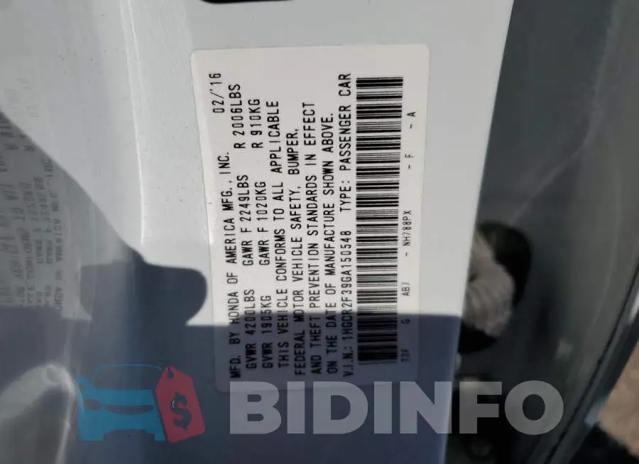 1HGCR2F39GA150548 Photo# 10