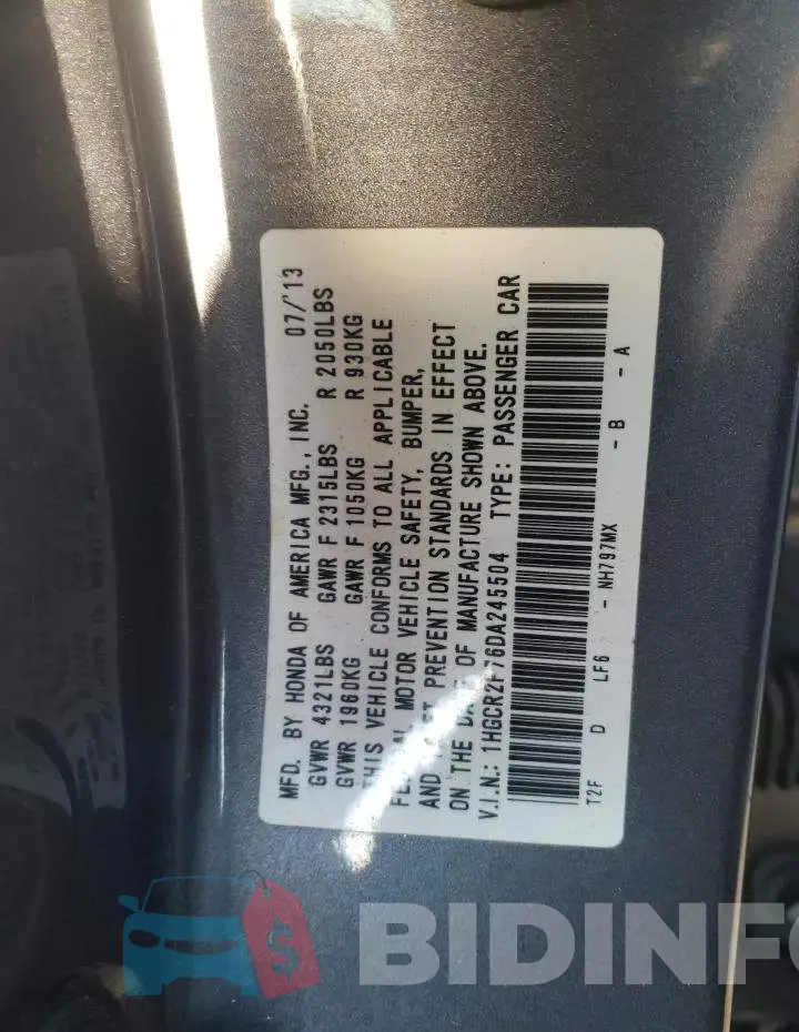 1HGCR2F76DA245504 Photo# 12
