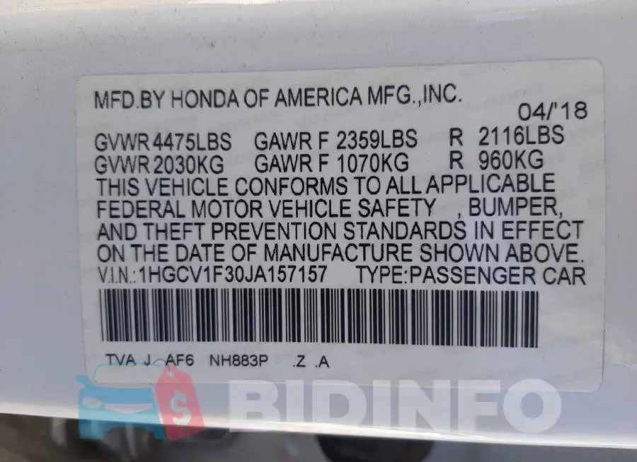 1HGCV1F30JA157157 Photo# 12
