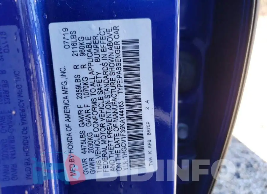 1HGCV1F35KA144163 Photo# 10