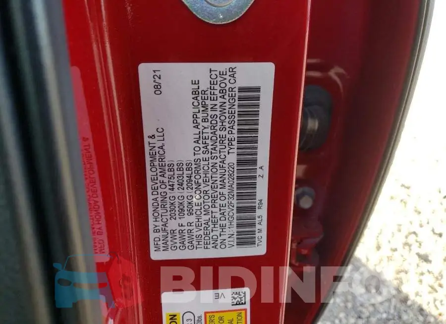 1HGCV2F32MA028220 Photo# 10