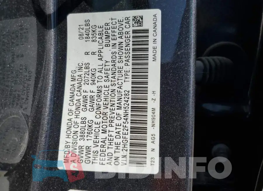 2HGFE2F54NH524282 Photo# 10
