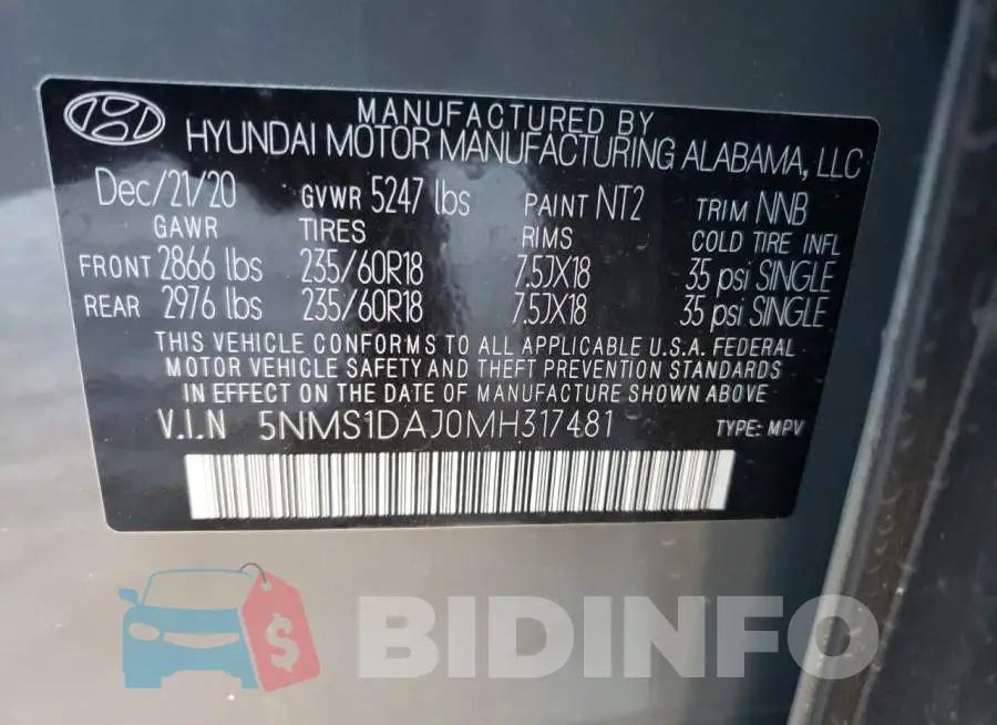 5NMS1DAJ0MH317481 Photo# 10