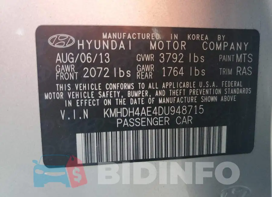 KMHDH4AE4DU948715 Photo# 10