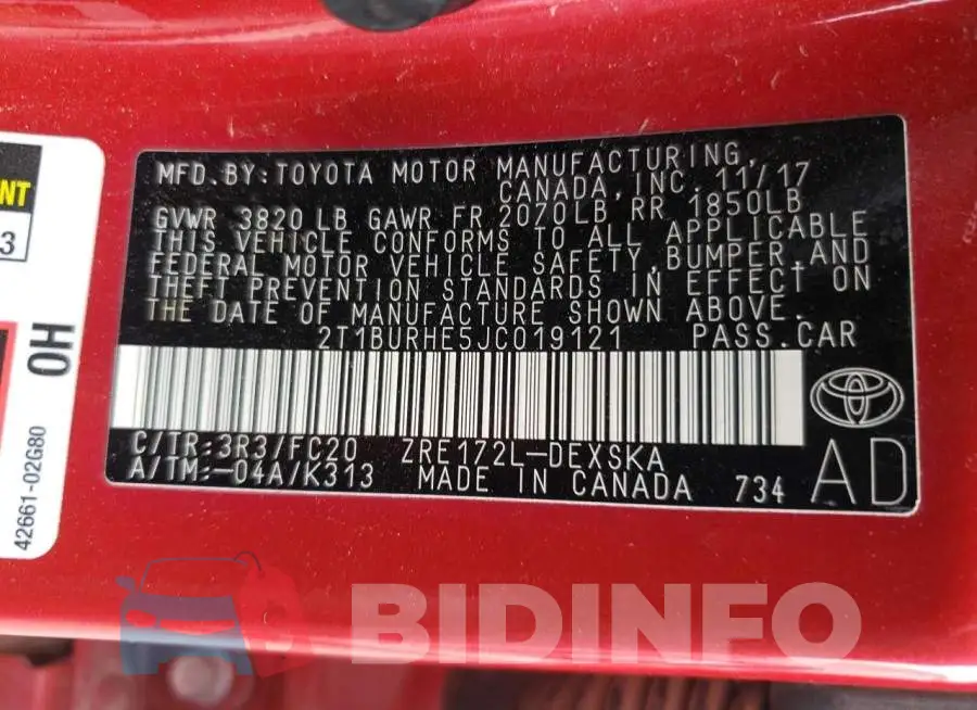 2T1BURHE5JC019121 Photo# 10