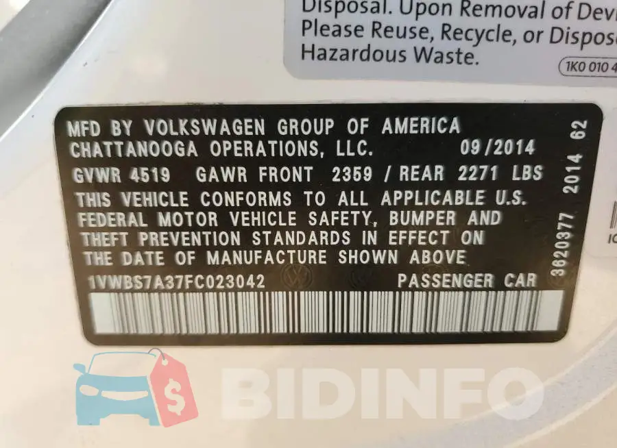 1VWBS7A37FC023042 Photo# 10