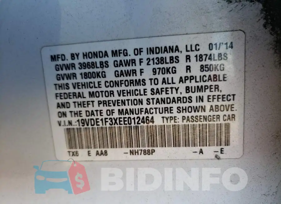 19VDE1F3XEE012464 Photo# 10