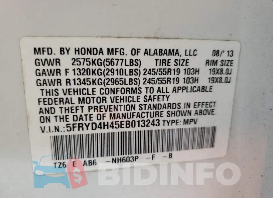 5FRYD4H45EB013243 Photo# 10