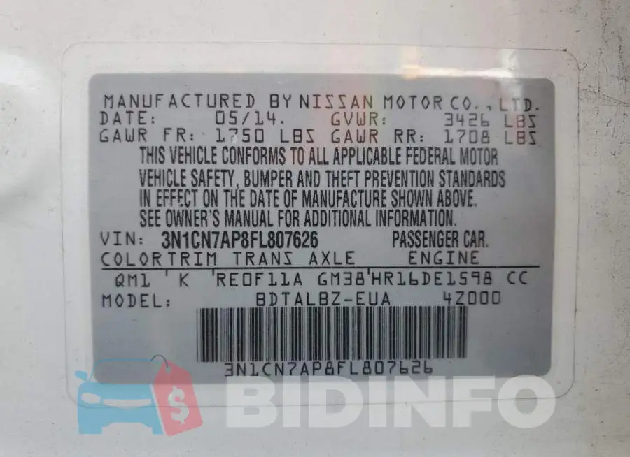 3N1CN7AP8FL807626 Photo# 10