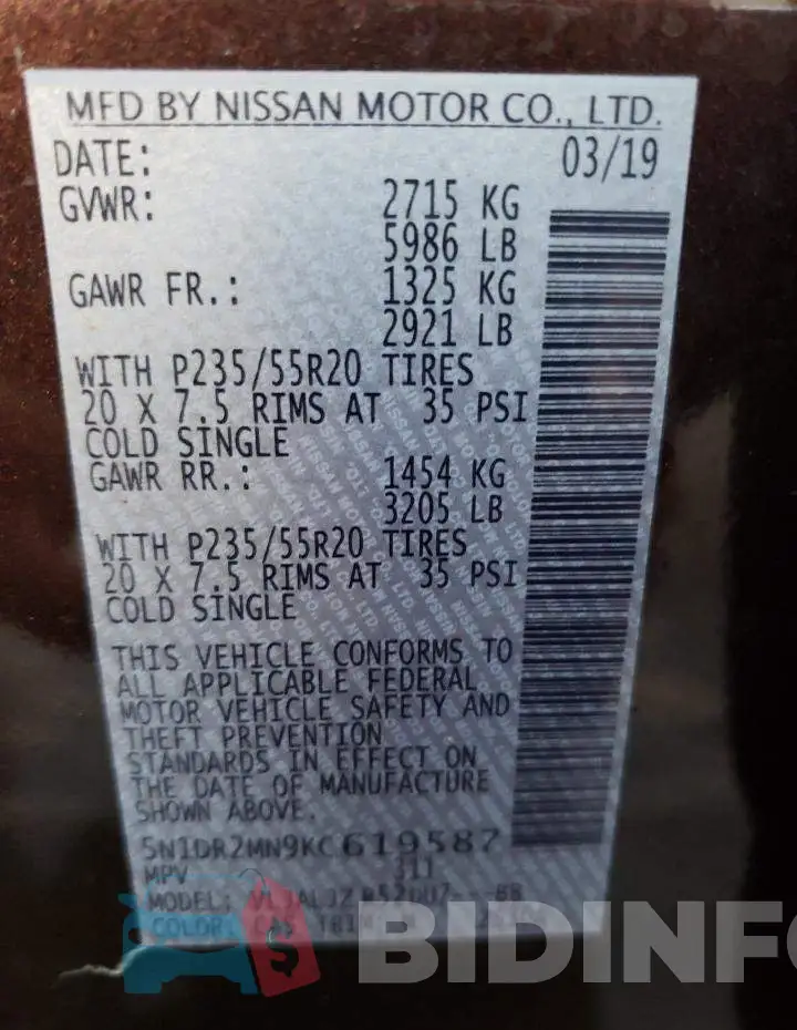 5N1DR2MN9KC619587 Photo# 13