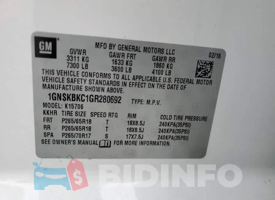 1GNSKBKC1GR280692 Photo# 10