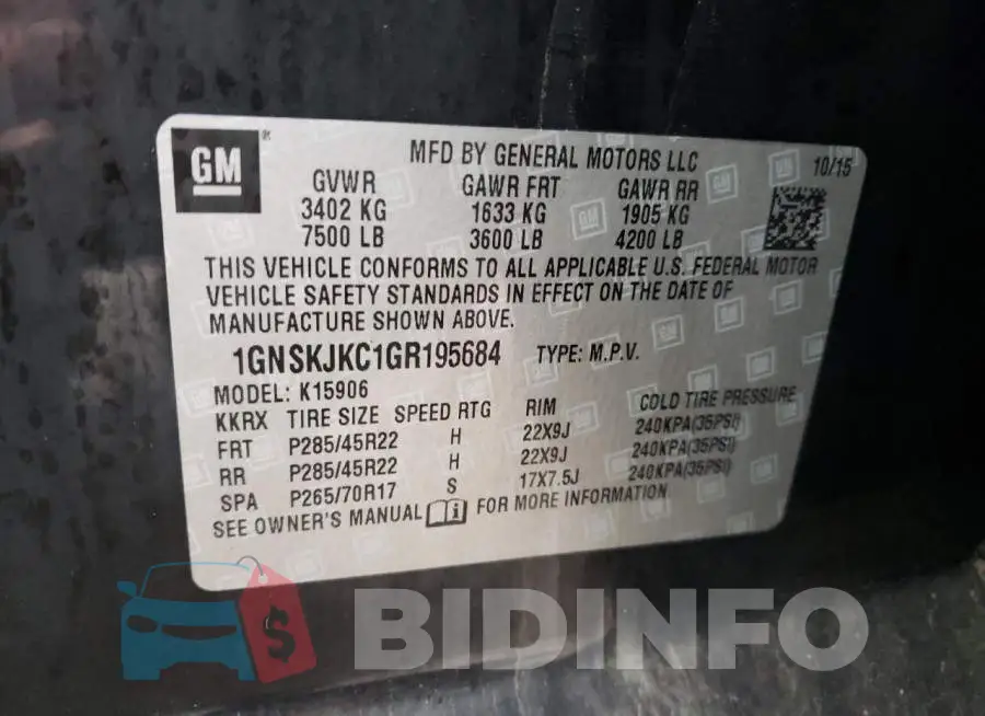 1GNSKJKC1GR195684 Photo# 14