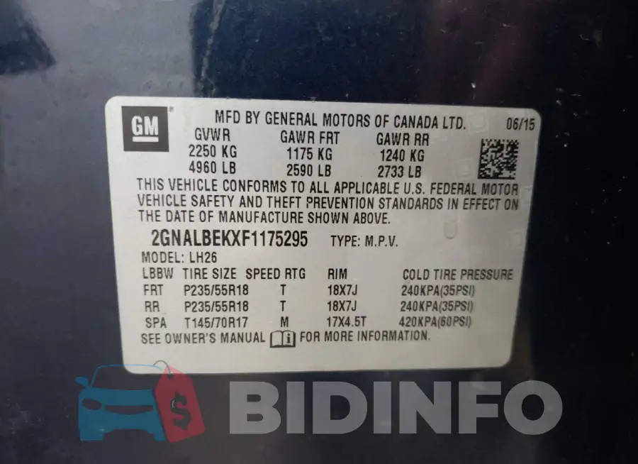 2GNALBEKXF1175295 Photo# 12
