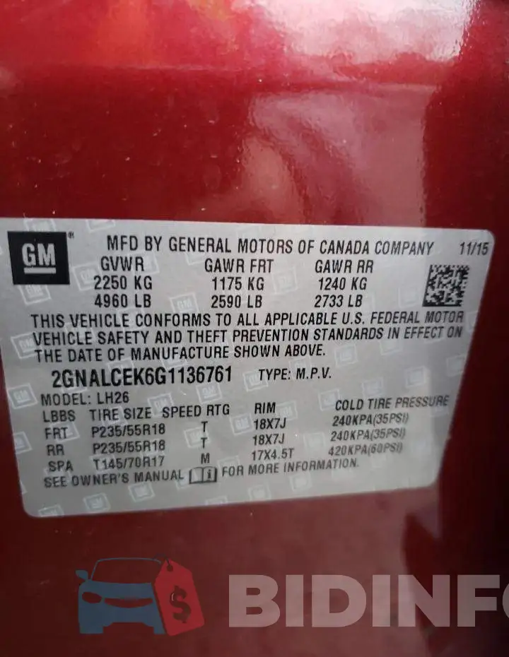 2GNALCEK6G1136761 Photo# 13