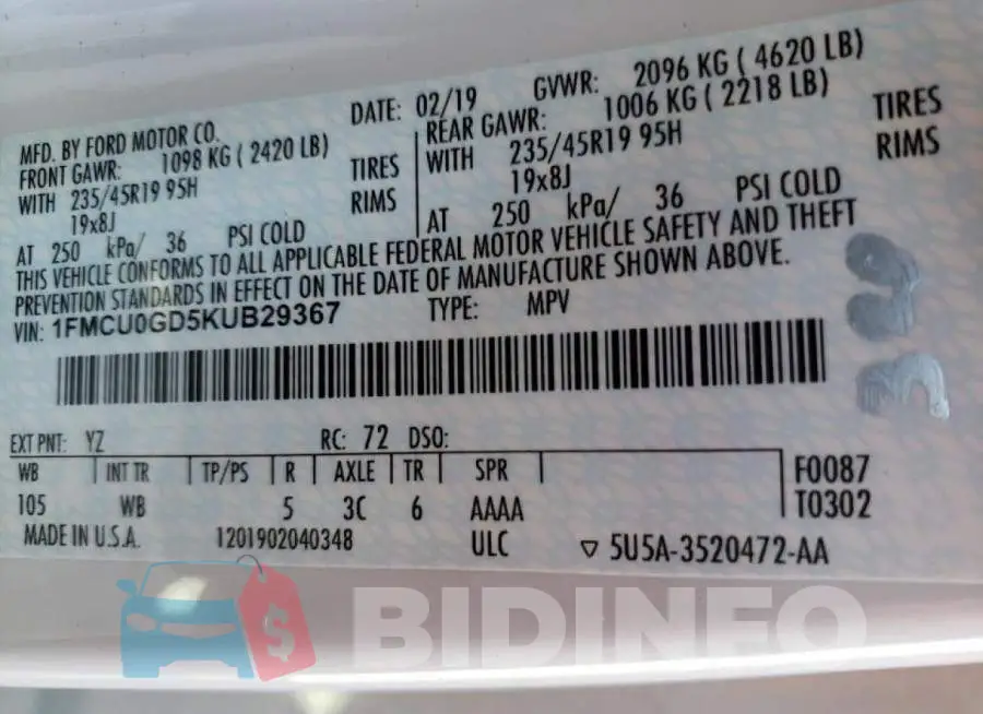 1FMCU0GD5KUB29367 Photo# 10
