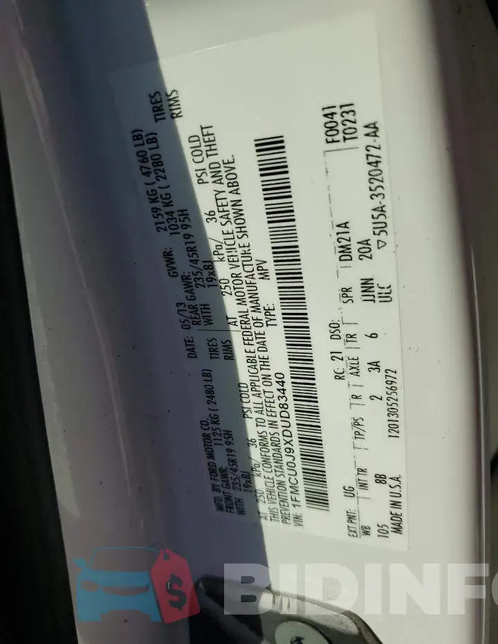 1FMCU0J9XDUD83440 Photo# 10