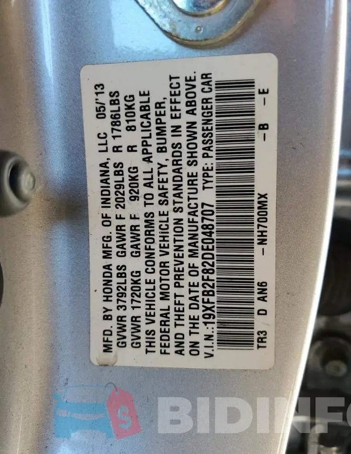 19XFB2F82DE048707 Photo# 12