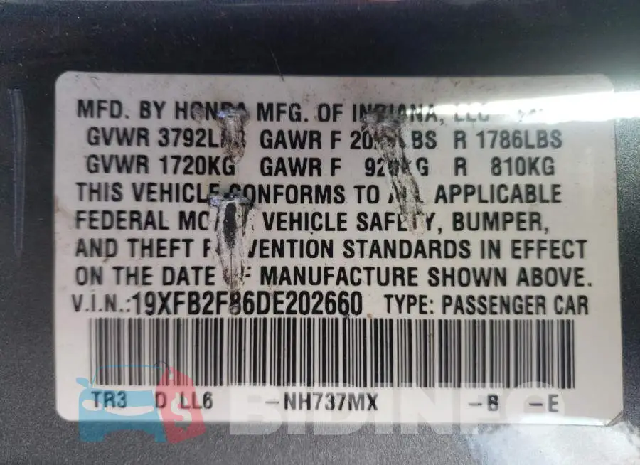 19XFB2F86DE202660 Photo# 13