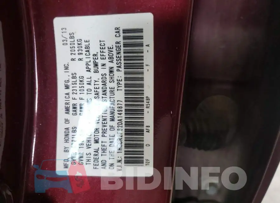 1HGCR2F82DA149877 Photo# 10
