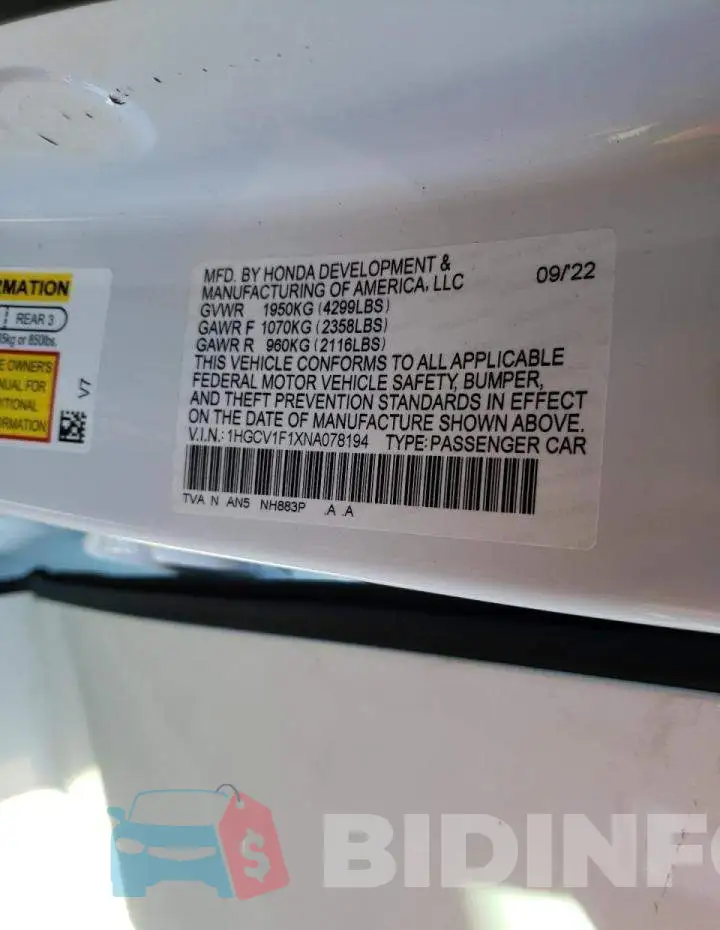 1HGCV1F1XNA078194 Photo# 13
