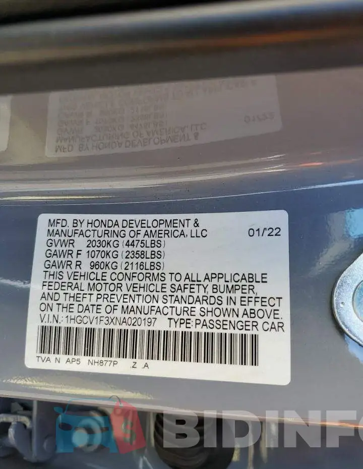 1HGCV1F3XNA020197 Photo# 10