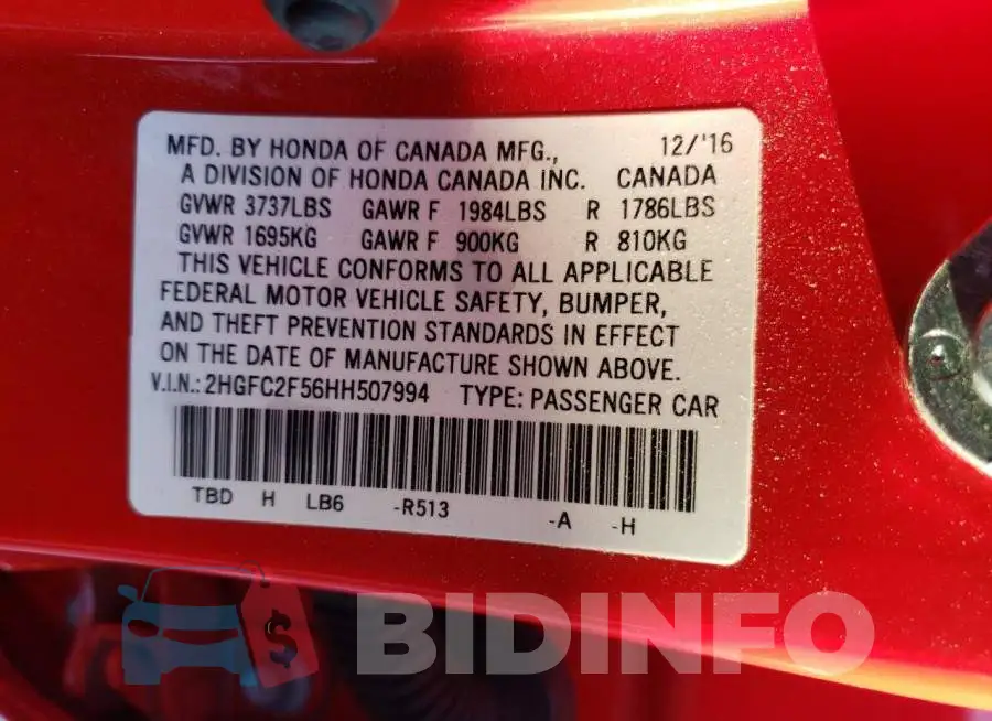 2HGFC2F56HH507994 Photo# 13