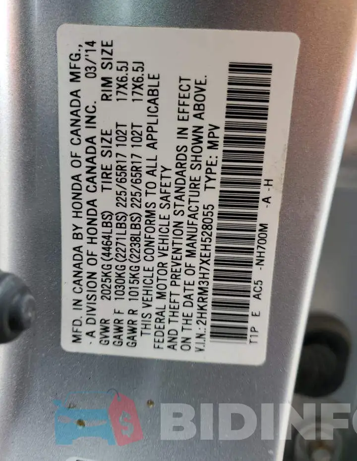 2HKRM3H7XEH528055 Photo# 13