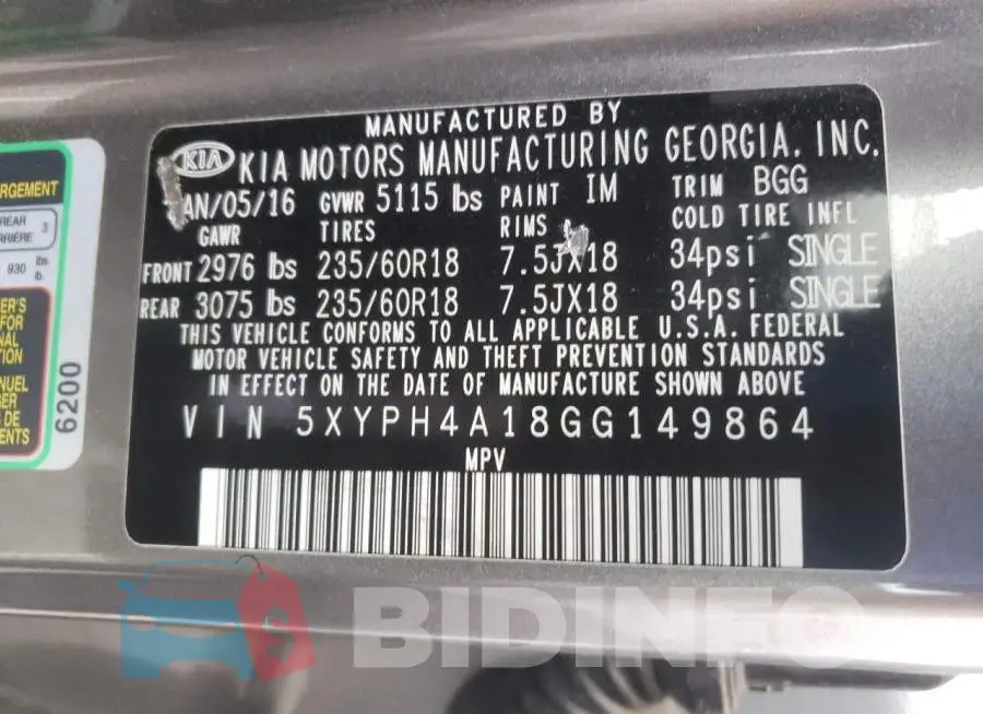5XYPH4A18GG149864 Photo# 13