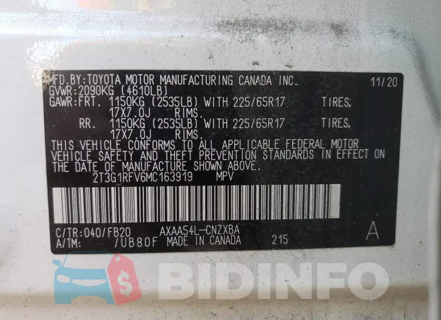 2T3G1RFV6MC163919 Photo# 10