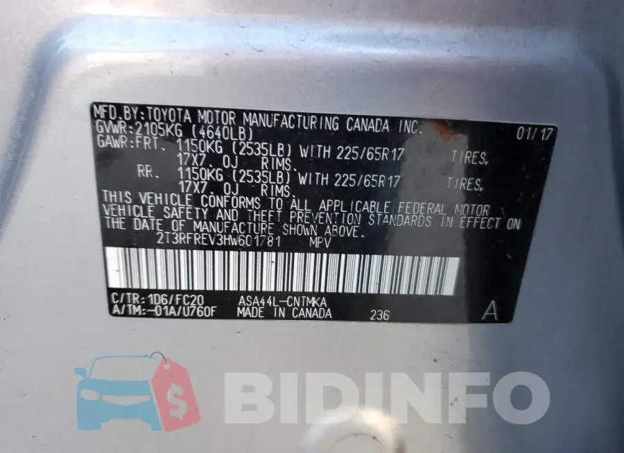 2T3RFREV3HW601781 Photo# 14