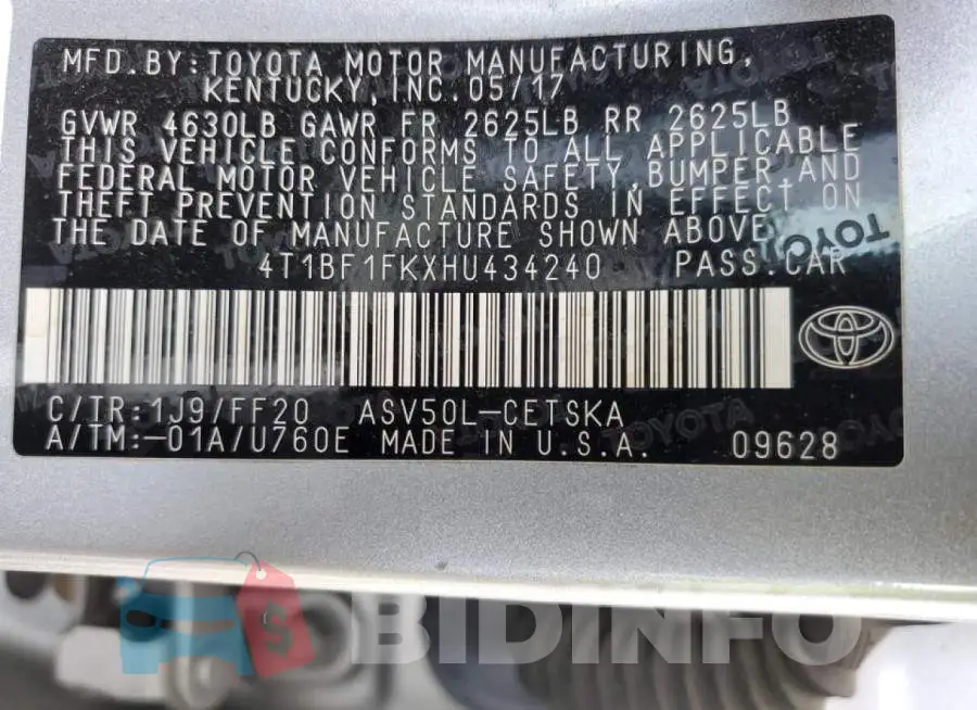 4T1BF1FKXHU434240 Photo# 10