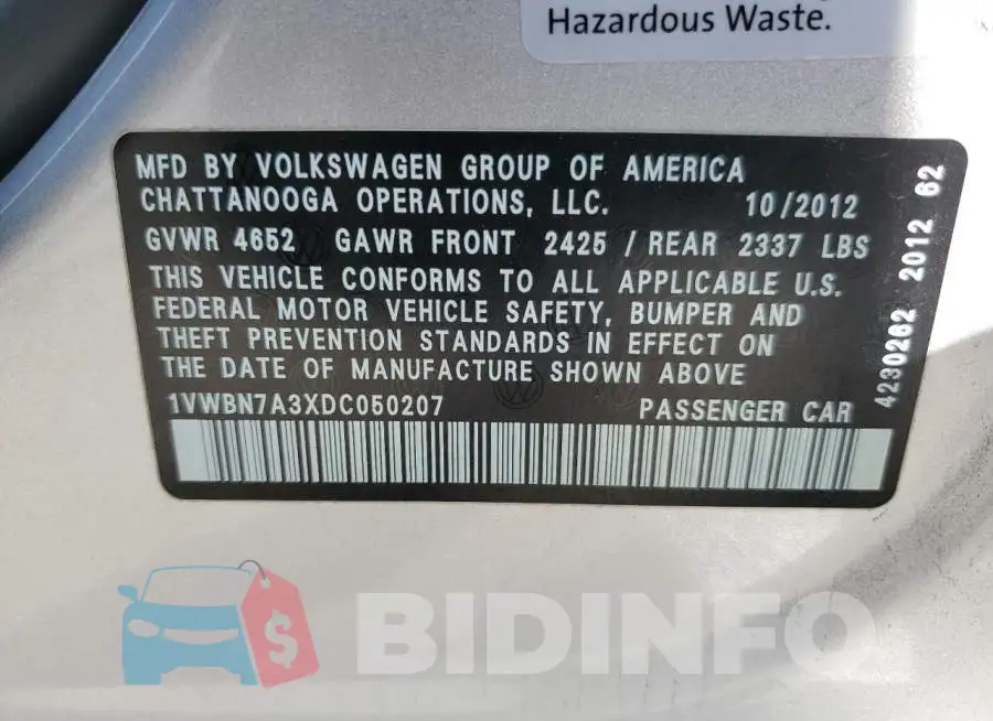 1VWBN7A3XDC050207 Photo# 12