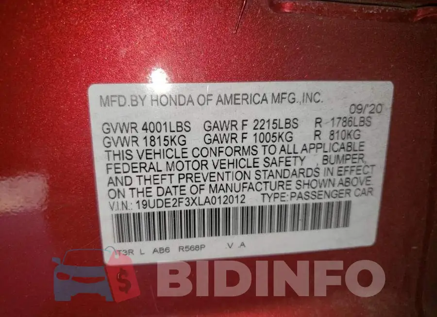 19UDE2F3XLA012012 Photo# 10