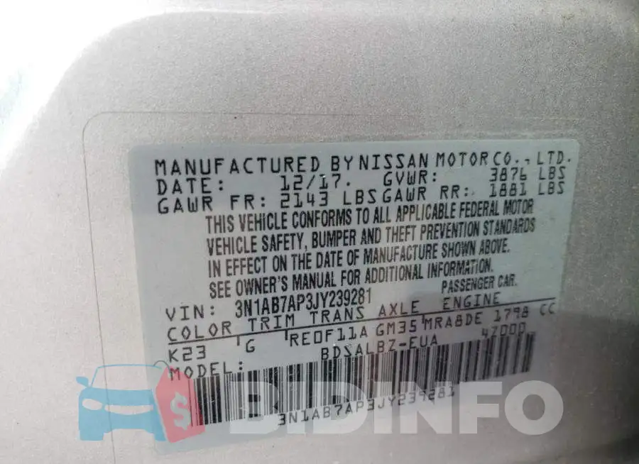 3N1AB7AP3JY239281 Photo# 10