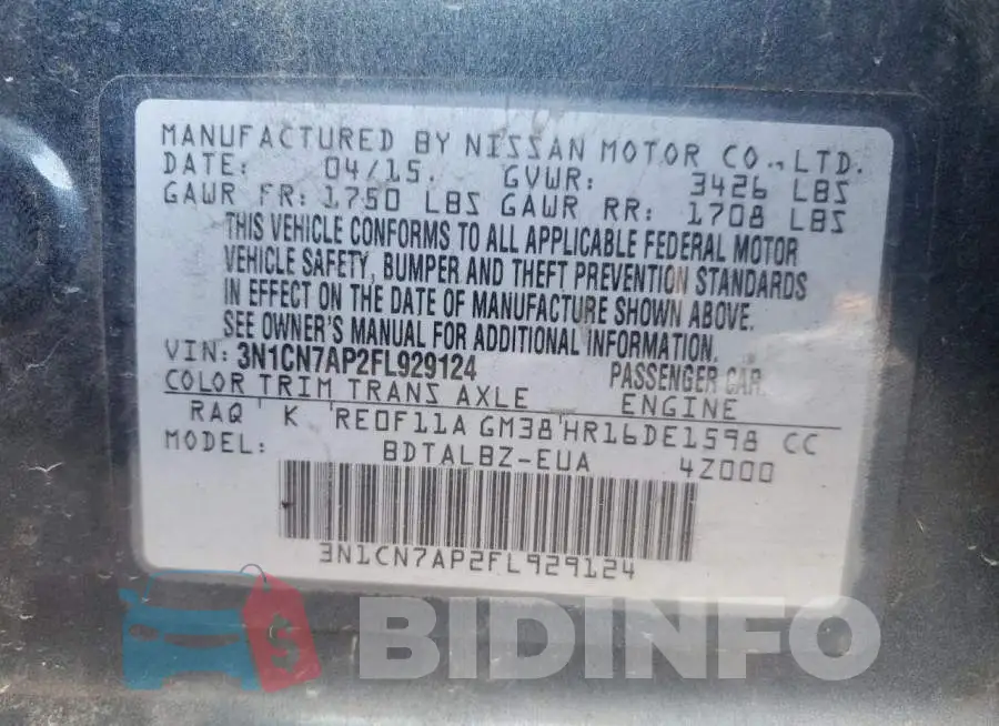 3N1CN7AP2FL929124 Photo# 12
