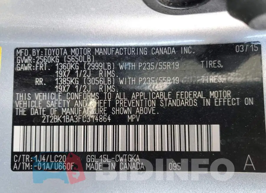 2T2BK1BA3FC314864 Photo# 13