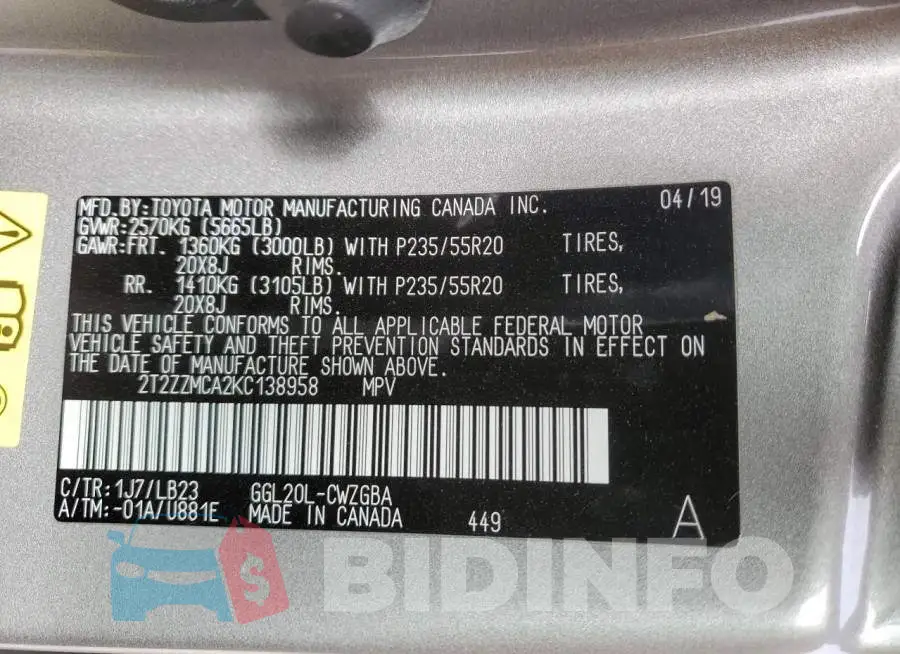 2T2ZZMCA2KC138958 Photo# 13