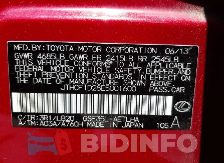 JTHCF1D28E5001600 Photo# 10