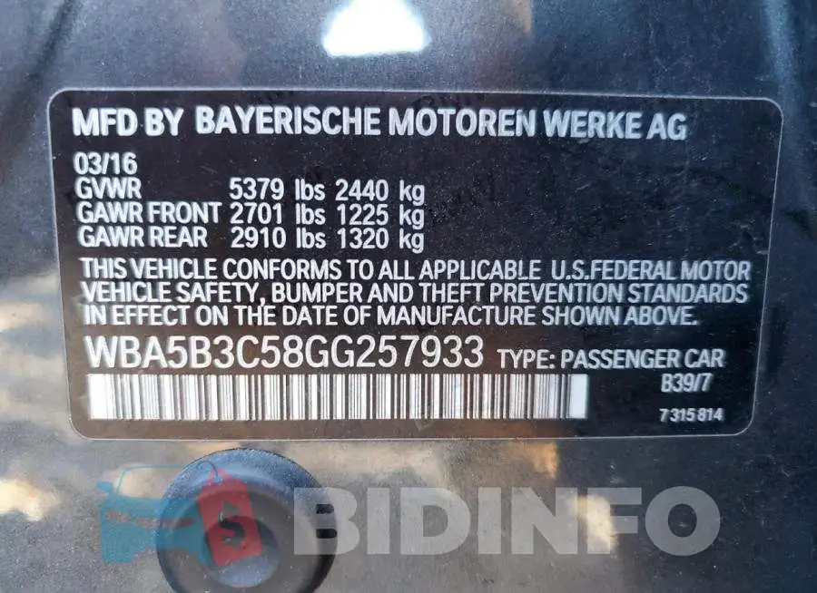 WBA5B3C58GG257933 Photo# 10