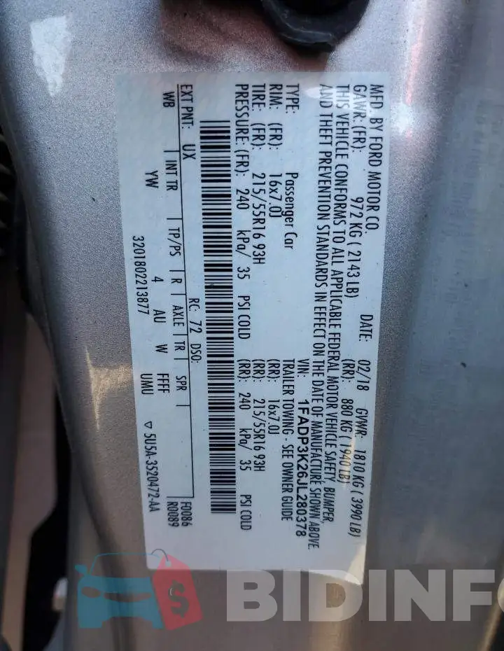 1FADP3K26JL280378 Photo# 10