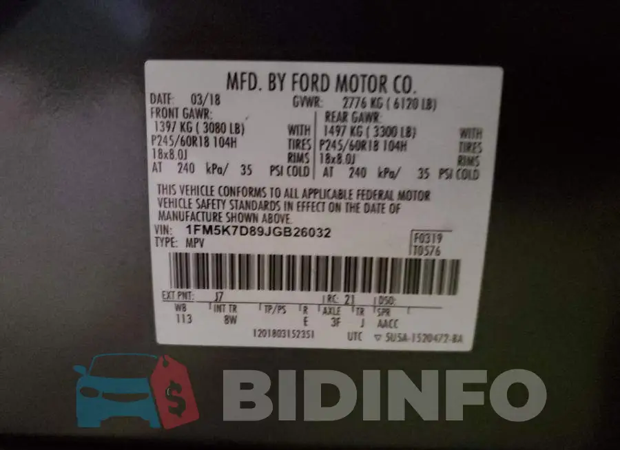 1FM5K7D89JGB26032 Photo# 10