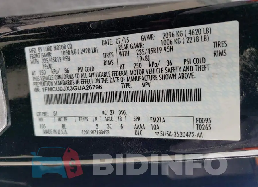 1FMCU0JX3GUA26796 Photo# 14