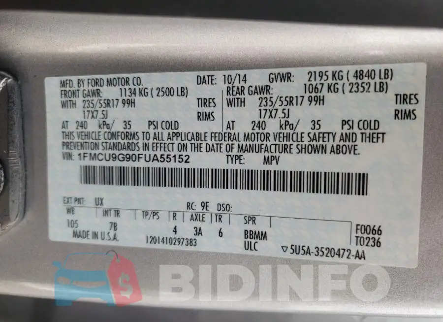 1FMCU9G90FUA55152 Photo# 14