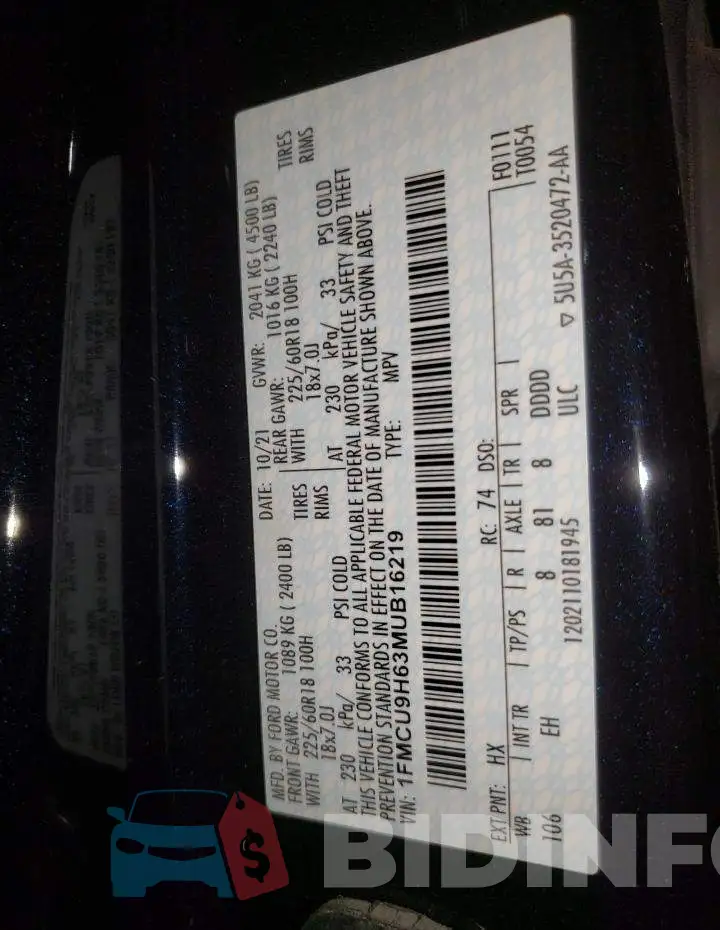 1FMCU9H63MUB16219 Photo# 10