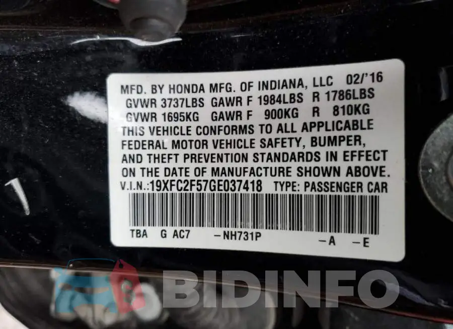 19XFC2F57GE037418 Photo# 12